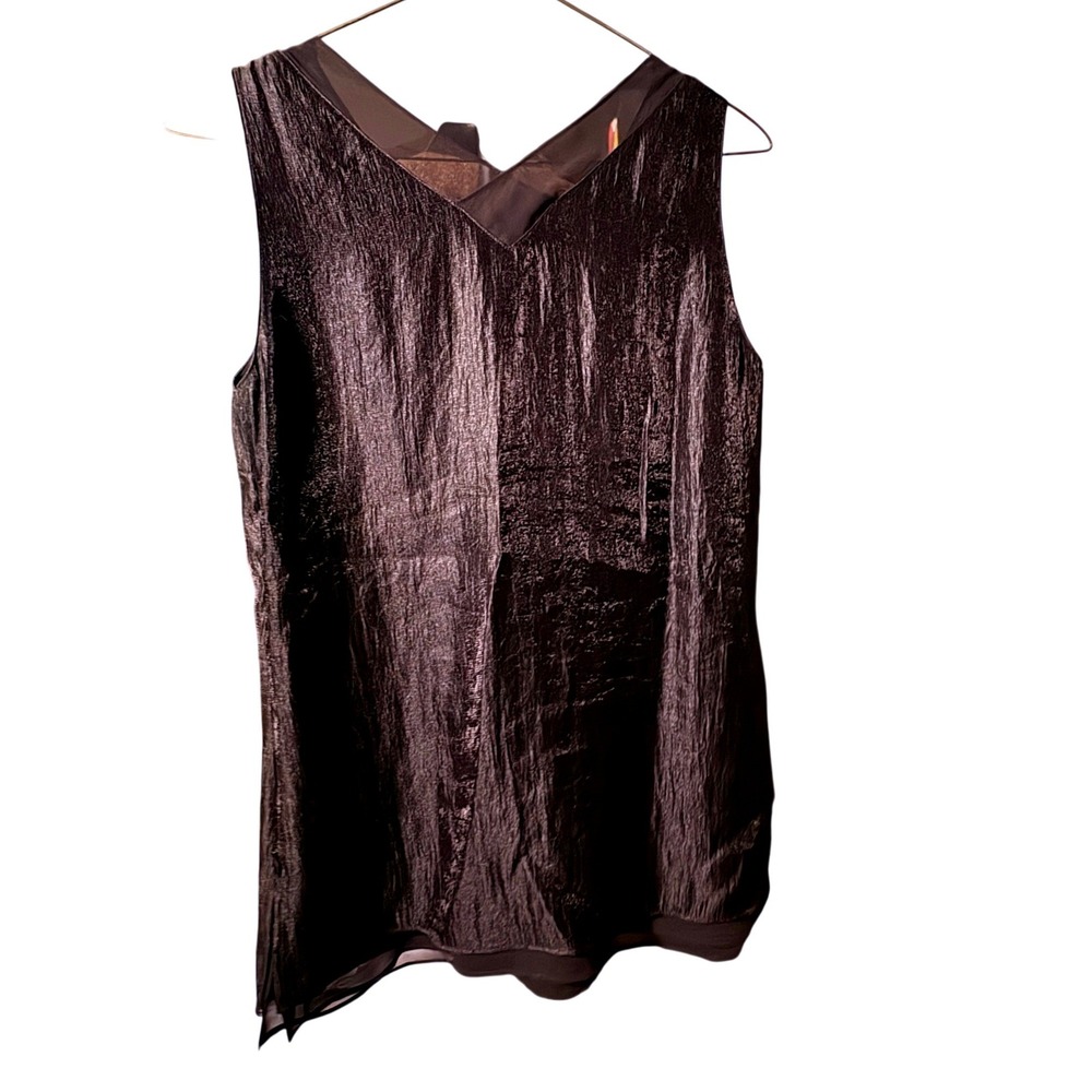 Coldwater Creek Women L Black Good Metallic Crinkle Sheer Trim V-Neck Sleeveless